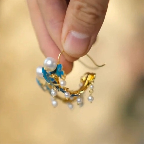 Chinese Vintage Qing Dynasty Blue Cloud & Pearl Hoop Earrings - Picture 4 of 7